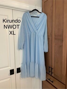 Light Blue Swiss Dot V-Neck Long Sleeve Dress - XL